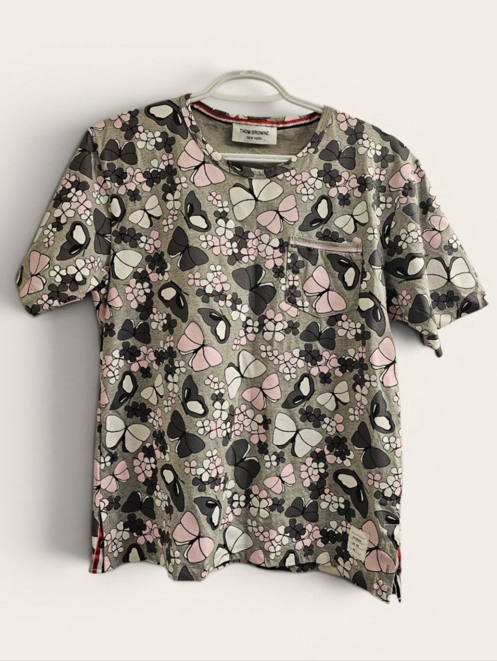 Rare Thom Browne Grey Tee with Pink & Black Butterfly Print